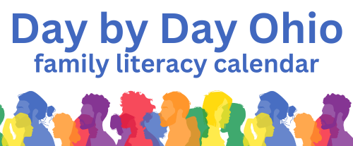 text day by day ohio, family literacy calendar. color people walking by